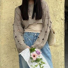 비비에모 여성용 섹시 캐주얼 라운드넥 긴팔 니트 크롭 티셔츠 04200