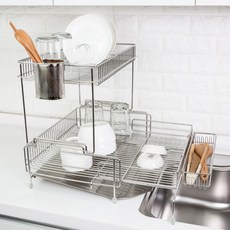 stopia 韓國製 全不鏽鋼 304 伸縮式碗盤瀝水架 中, 銀色, 1個, 2層