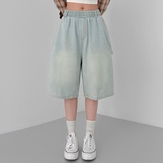 유라잇 여성용 유핏 4탄 카펜더 데님 와이드 버뮤다 밴딩 6부 루즈핏 청반바지 322258