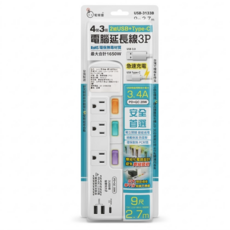 spirit 電精靈 4開3插電腦延長線 3孔 USB-3133B, 2.7m, 白色, 1條