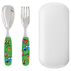 JOONIE 幼兒用全不鏽鋼湯匙 + 叉子 + 收納盒組, 1套, 綠色