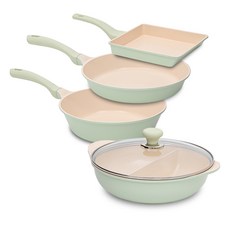 OSLO IH爐適用Herb系列鍋具 4入, 方形平底鍋+平底鍋28cm+炒鍋28cm+雙耳湯鍋28cm, 混色