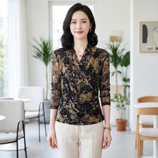 마켓에이 여성용 브이넥 랩 쉬폰 미시 긴팔 블라우스