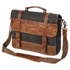 過蠟防潑水帆布配頭層瘋馬牛皮男士肩背手提包公事包/男包, 深灰色