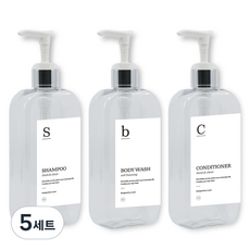 뉴앤룩 욕실 디스펜서 주방세제 리필용기 실버펌프 300ml x 3p + G샴푸 바디워시 컨디셔너 라벨 3종 세트, 투명, 5세트