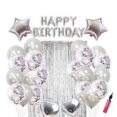 BYOORABYOO 生日派對氣球 + 手動打氣筒 + 氣球膠帶組合, 銀色, 1套