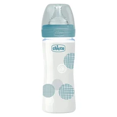 chicco 舒適哺乳 防脹氣玻璃奶瓶 小單孔, 自然率性 藍色 + 透明色, 240ml, 1個