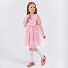 PremierFam 女童涼感透氣 Catch! Teenieping 極光萌可 泡泡袖五分蕾絲連身裙