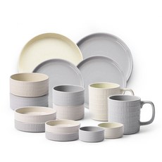 PRELUDE 雙人份壓紋設計碗盤餐具組 16入, 8種, 象牙白/ 淺灰色
