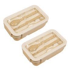 奶油色麥稈長方形便當盒 + 湯匙 + 筷子組 850ml, 2套, 混合顏色