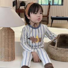 하라로이 아동용 스트라이프 도그 긴팔 실내복 상하의 세트