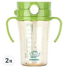 맘스모도 유아용 세척편한 이지 PPSU 원터치 빨대컵, 250ml, 2개, 코끼리그린