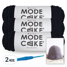 니뜨 모드케이크 뜨개실 100g x 3볼 + 메릴 버킷햇 도안 + 모사용 코바늘 7/0호 4.0mm, 2세트, 24블랙