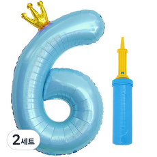 J Balloon 皇冠數字鋁箔氣球 大 + 手動打氣筒套組, 2套, 6 藍色(氣球), 顏色隨機出貨(手動打氣筒)