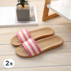 莎草藤編三線條紋夏季拖鞋, 復古粉