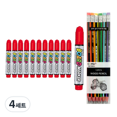 Dong-A Vod Marker 12p + Tucobi 三角橡皮鉛筆 SG-208 12p 套裝, 紅色(白板標記)，混合顏色(橡皮擦鉛筆), 4套