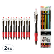 동아 크로닉스DX 하이브리드펜 1.0mm 12p + 투코비 코마 삼각 지우개 연필 SG-208 12p 세트, 레드, 2세트