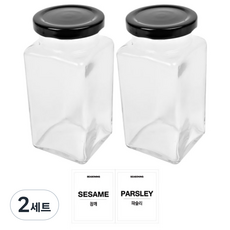 홈앤라이프 유리 양념통 사각 블랙캡 세트, 2세트, 300g 2p + 투명스티커(참깨 + 파슬리)