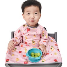 嬰兒防水長袖餐墊圍兜 適用於高腳椅, Pink Berry, 1入, 1入