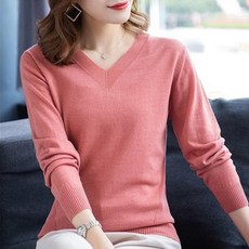 피어니스트 여성용 심플 브이넥 솔리드 컬러 긴팔 니트