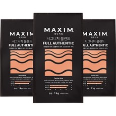 맥심 시그니처 블렌드 풀 어센틱 원두커피, 홀빈(분쇄안함), 1kg, 3개