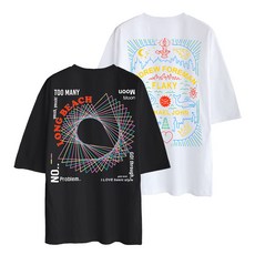 寬版5分袖透氣短袖T恤 Flaky印花款+三角線條款 2件組, 黑色+白色