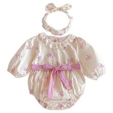 斯塔朵 嬰幼兒蝴蝶結點綴長袖連身衣 + 髮帶套組