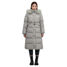 Elsso 女款毛領輕量連帽羽絨冬季腰帶長版羽絨外套