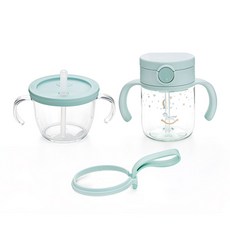 Richell 利其爾 Axstars吸管彈蓋式水杯 200ml+吸管杯 150ml+吸管杯束帶組, 1組, 薄荷綠