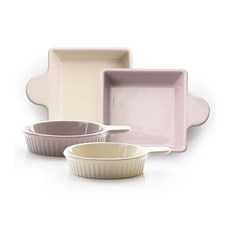 PRELUDE 手柄圓形餐盤+手柄方形餐盤組 粉色+象牙白, 1套, 2個圓盤+2個方盤