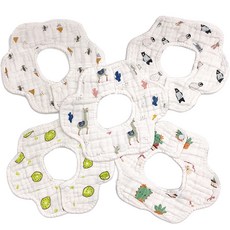 LuxuryBaby 幼兒8層紗棉花邊圍兜, C款 奇異果+羊駝+動物+蜜蜂+仙人掌, 5件, 1組