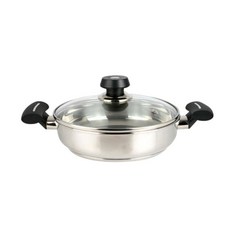 Libinggeulrori 電磁爐適用不鏽鋼雙耳淺湯鍋+玻璃鍋蓋, 22cm, 銀色