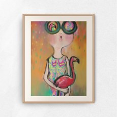 HelloArtist 紅鶴女孩圖案掛畫 7號 350*450mm, 淺木色