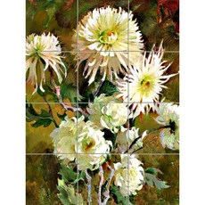 Static-008 풍성하게 피어난 하얀 국화 포인트 타일, 혼합색상, 1세트