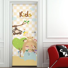 꾸밈 현관문 시트지, 동물과어린이친구들, 100 x 210 cm