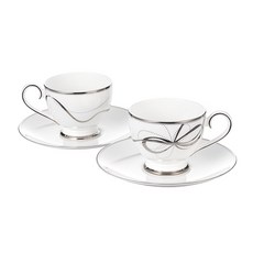 HANKOOK CHINAWARE 銀絲帶印花咖啡杯盤組, 咖啡杯+盤子, 2組