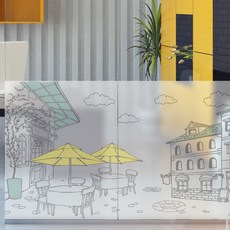 GGOOMIM 玻璃窗貼, 晴朗日子的歐洲咖啡街, 100 x 200 cm