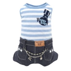 PUPPY ANGEL 寵物條紋印花連身牛仔褲, 藍色