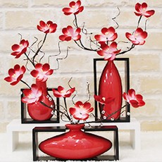 HAPPY WORLD 歡樂世界人造花+木框花瓶3件套, 紅色的, 1套