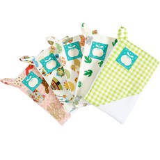 Coney Island 拼接圖案印花掛繩棉質毛巾組 5入, 復古兔（粉色）+印地鳥+復古鴨+仙人掌（綠色）+格子（綠色）, 1套