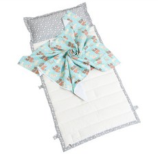 Coney Island 夏季午睡棉被睡墊棉質枕芯組+防水袋組, 藍色貓咪款