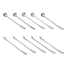 HOMEANY 一套 5 個長茶匙 + 5 個長茶叉, 1套, 5 個長茶匙 + 5 個長茶叉（兔子 + 大象 + 小雞 + 獅子 + 豬）