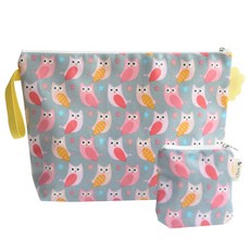 SEMOMS 貓頭鷹印花防水餐盤袋+藥品收納包, 1組, 便當袋(30*20*5cm)+小袋子(10.5*11cm)