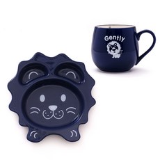 HOMEANY 獅子造型分隔餐盤組, 1組, 盤子+杯子, 海軍藍