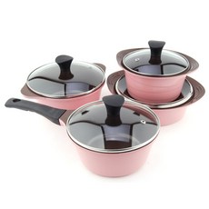 Kitchen-Art 陶瓷鍋具 附玻璃鍋蓋, 粉色, 單柄鍋18cm+雙耳湯鍋16cm+雙耳湯鍋20cm+雙耳淺湯鍋20cm, 1組