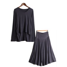 Eomjjang 女款素色哺乳長袖T袖+長褲套裝