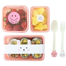 HCN 귀욤도시락세트, 1세트, 파스텔체크 중 2p + 파스텔체크 정사각 2p + 파스텔체크 직사각미니 2p + 토끼  띠지 2p + 스티커 6p + 스푼 2p + 포크 2p + 야미비닐백 고양이 2p