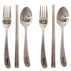 ssueim 微笑圖案孩童餐具組, 混色, 2組, 湯匙 2入+筷子 2雙+叉子 2入