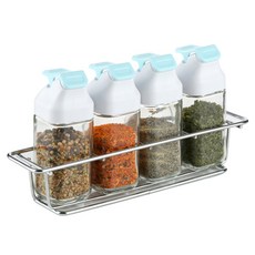 SINOGLASS 按壓開蓋式調味料罐組, 1套, Wonderji 香料瓶天藍色 80ml 4p + 支架