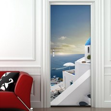 GGOOMIM 希臘聖托里尼壯麗景觀玄關門貼, B款右側屋頂, 100 x 210 cm